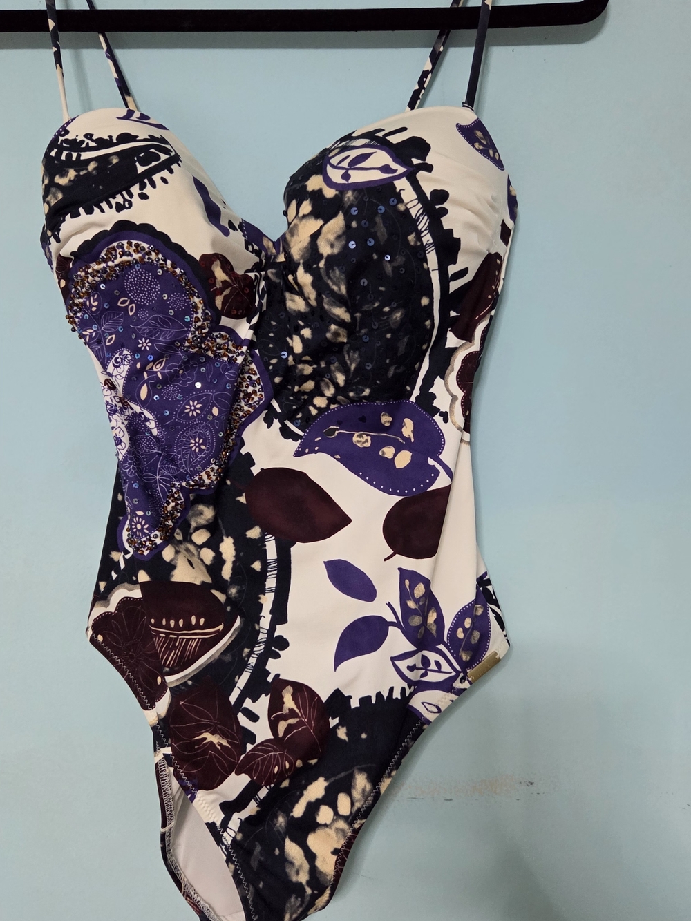 MARYAN MEHLHORN Purple Floral Sequins Embellece One-Piece Swimsuit